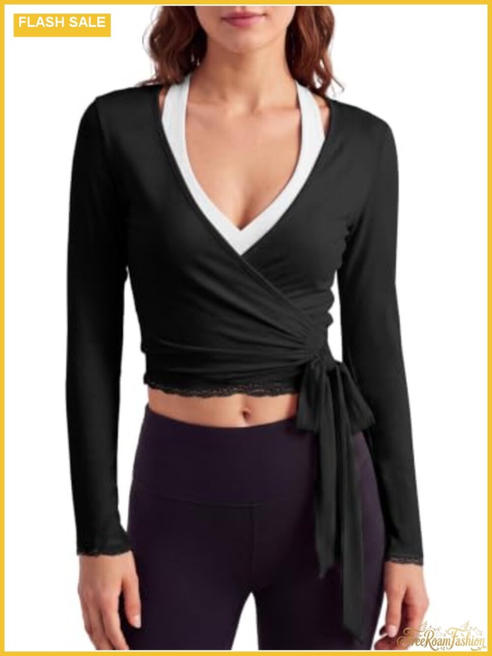 Womens Long Sleeve Wrap Workout Top Tie Waist Lace Y2K Yoga Shirt High Stretch